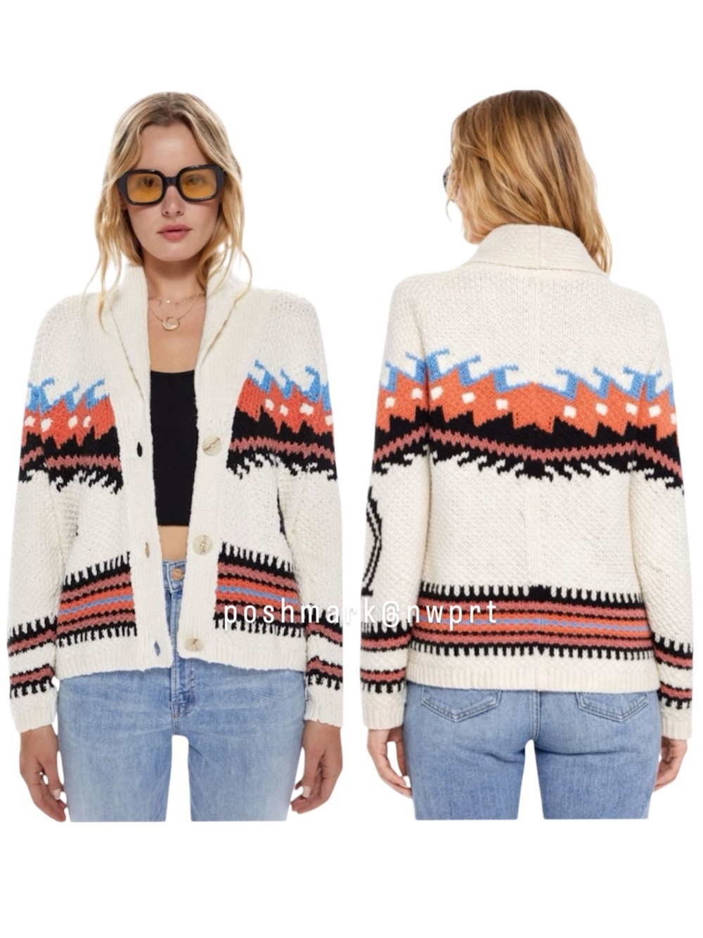 MOTHER De Gaulle Shawl Collar Cotton Knit Cardigan Sweater XS Cream White Boho - Picture 14 of 14